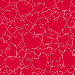 Color red hearts. Chaotic seamless pattern. Vector white big and small hearts on red background. Bright pattern with hearts for fabric or design project.