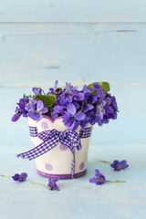 Beautiful bouquet of field violets in a small vase with dots and purple ribbon 