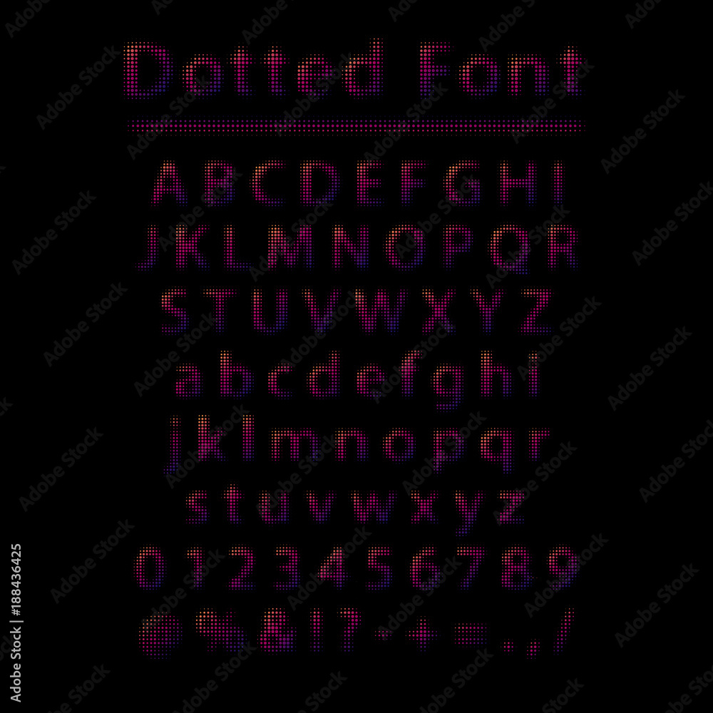 Poster vector dotted font. color letters and numbers made of dots with halftone effect isolated on black ba