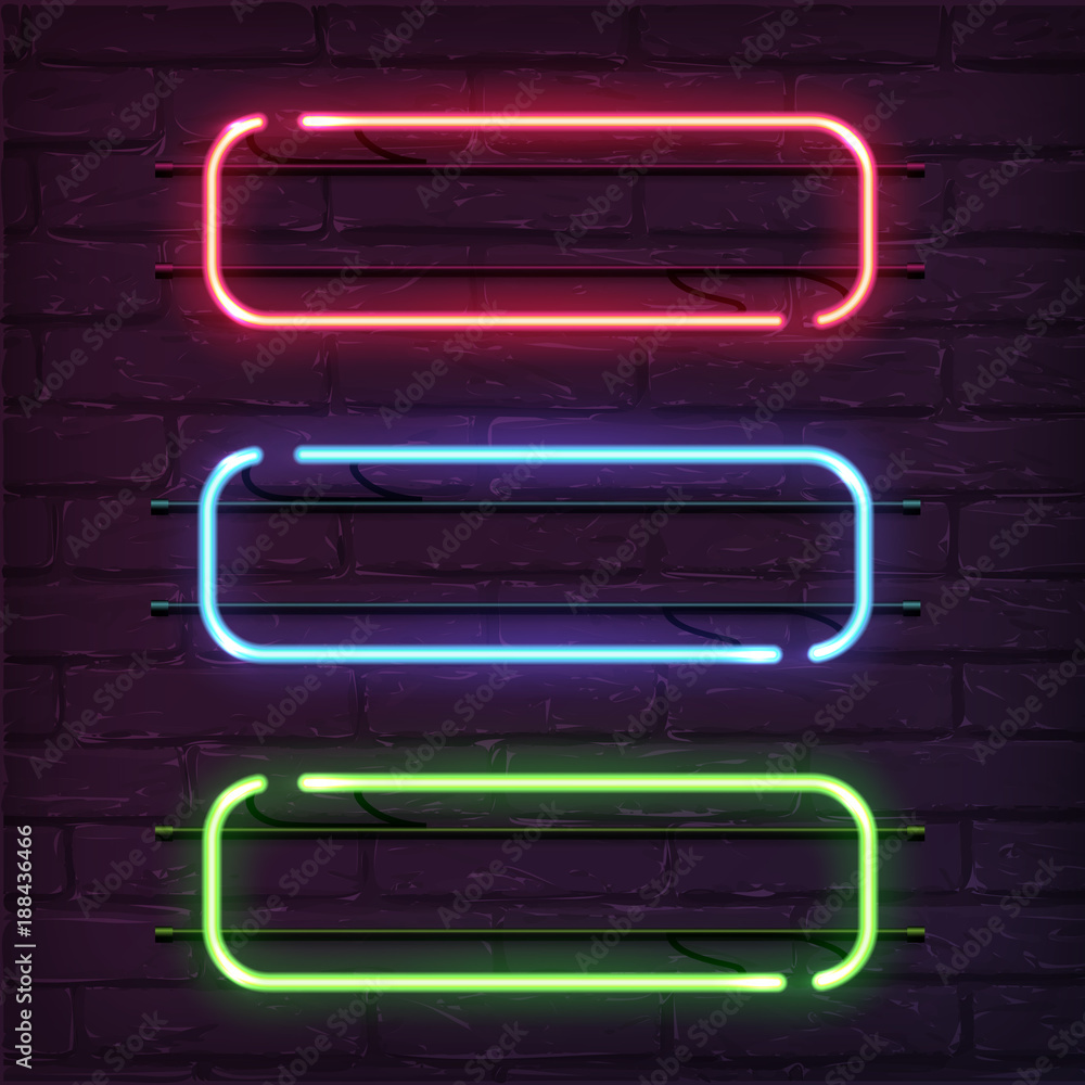 Poster different color neon frames. vector realistic neon rectangles on brick wall.