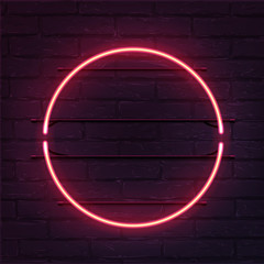 Circle pink neon sign. Vector realistic neon circle on brick wall. © backup16