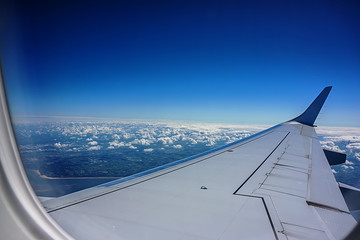 view of the earth from the airplane window. The wing of the plane.