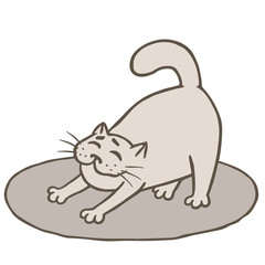 Cute grey cat woke up and stretched on mat. Vector illustration