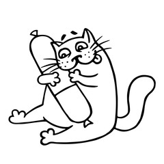 Cute cat hugs favorite smoked sausage salami. Vector illustration