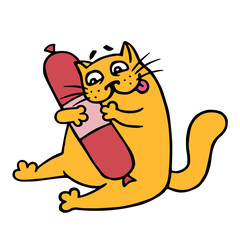 Cute cartoon orange cat want smoked sausage salami. Vector illustration