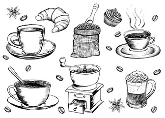 Coffee sketch icons set