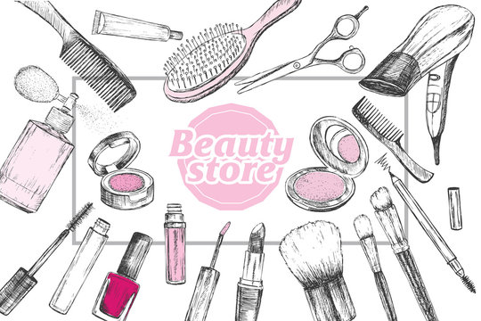 Beauty store with make up artist and hairdressing objects