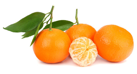 mandarin with green leaf isolated on white background