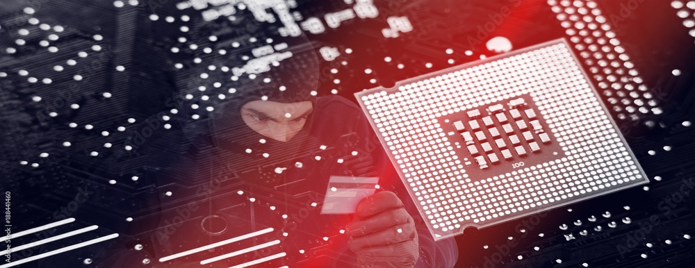 Poster composite image of focused burglar using computer and debit card