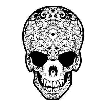 Skull black and white. Vector image of a richly decorated skull.