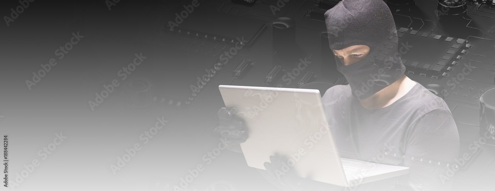 Poster composite image of hacker using laptop to steal identity