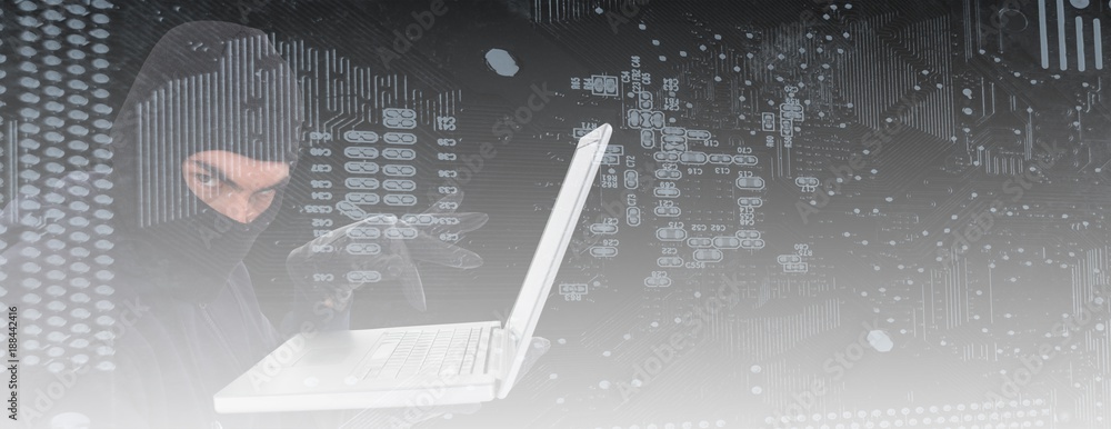 Poster composite image of hacker in balaclava standing and typing on