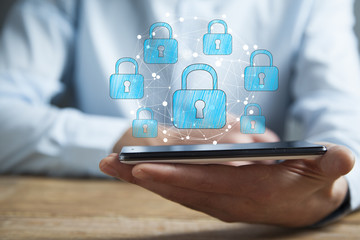 man hand phone with lock in screen