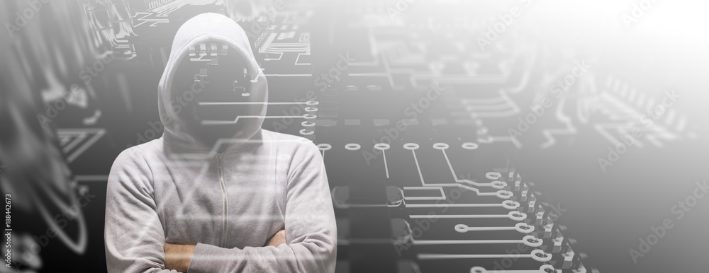 Poster composite image of hacker standing with arms crossed