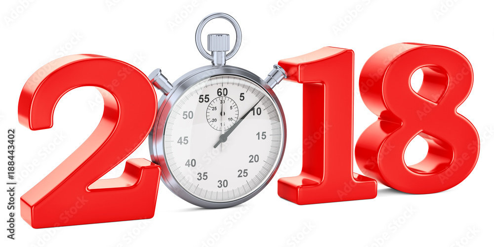 Poster 2018 concept with stopwatch, 3d rendering