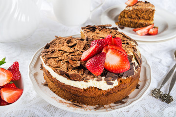 Coffee cake, Strawberries and Coffee