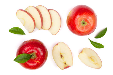 red apples with slices and leaves isolated on white background top view. Set or collection. Flat lay pattern
