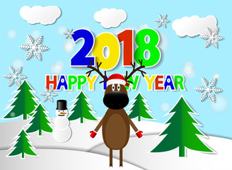 eps 10 vector 2018 banner with cut paper effect. Happy New Year 2018 greeting poster. Realistic greeting card design. Rudolph reindeer, paper cuttings, falling snowflakes. Clip art graphic background