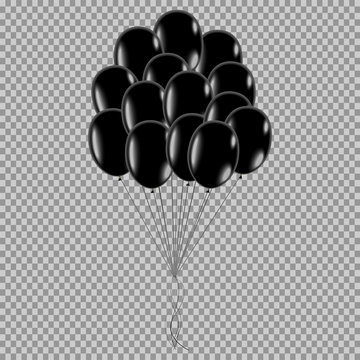 eps10 vector balloons isolated on transparent background. 3d black air balloon armful pack filled with helium hanging in air. Graphic clip art for web, print, design. Creative tool for holiday, events