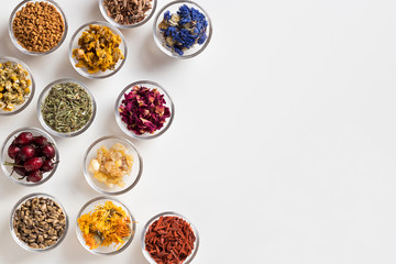 Selection of dried herbs on a white background with copy space, top view