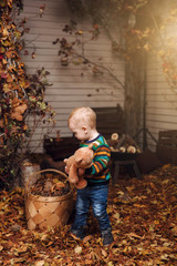 Cute little baby boy playing near house with plush toy teddy bear, wicker basket with pine cones in...