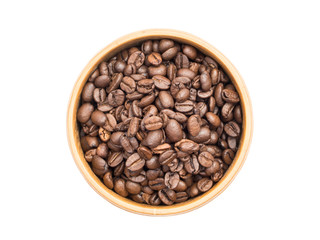 Coffee beans in a wooden bowl seen from above isolated on white background