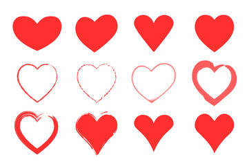 Red hearts set. Valentines day icons. Isolated on white signs. Vector illustration