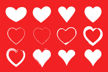 White hearts set on red background. Valentines day icons. Isolated. Vector illustration
