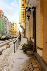 winter European street with colored houses