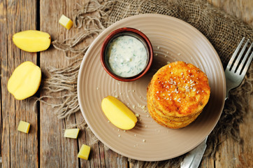 Mashed Potato Cheese Pancakes with Greek Yogurt Dill Sauce