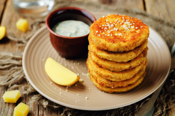 Mashed Potato Cheese Pancakes with Greek Yogurt Dill Sauce