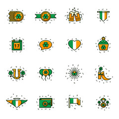 Fototapeta premium Collection of Irish symbols and Saint Patrick's Day flat color line icons. Set of St Patrick holiday signs, pictograms, elements, emblems in thin linear design for cards, invitations, banners.