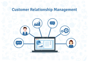 Organization of data on work with clients, CRM concept. Customer Relationship Management vector illustration.