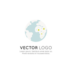 Vector Icon Style Illustration Background  Logo with Globe and Africa Continent with Geo Tags. Charity and Fundraising. Volunteer Organization. Tansperent Minimalistic Object