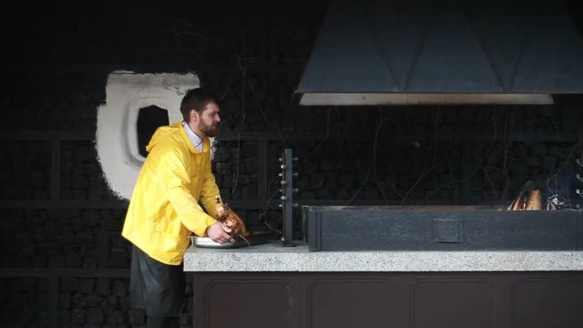 Preparation for cooking a pig on a spit