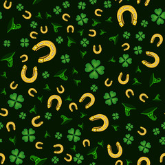 Abstract seamless horseshoe pattern for girls, boys, clothes. Creative vector pattern with horseshoe, clover leaf. Funny wallpaper for textile and fabric. Fashion horseshoe pattern style for kids