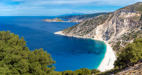 Panoramic view of beautiful Myrtos beach on Kefalonia island. One of the best beaches in Greece.
