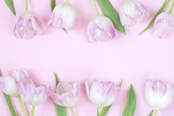 Blank  greeting card with  pink tulips on pink background, top view, mock up