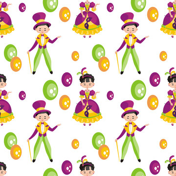 Mardi Gras seamless pattern with the image of the people in carnival costumes. Vector background.