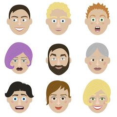 Emotions faces characters. Vector Illustration trendy flat design for web and printed materials.