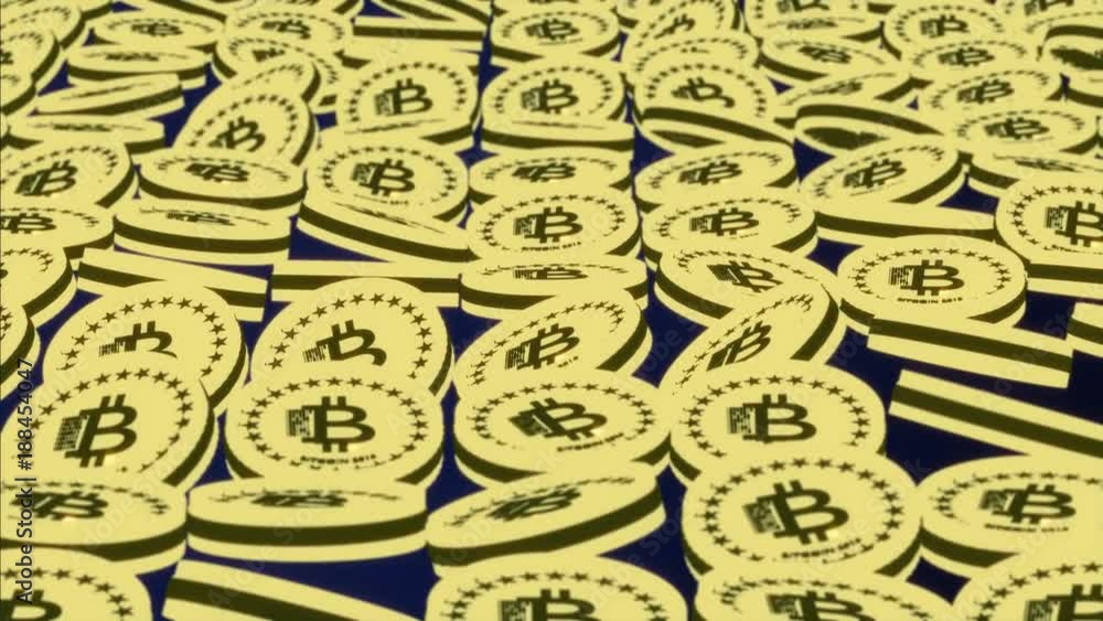 Poster animation of bitcoins a wall of luminous crypto currency is floating in the air. background showing 