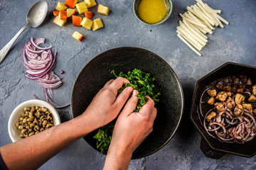 woman female hands preparing kale for healthy meal