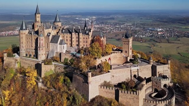 Flight around Hohenzollern Castle in the Swabian Jura, Baden-Wurttemberg, Germany.