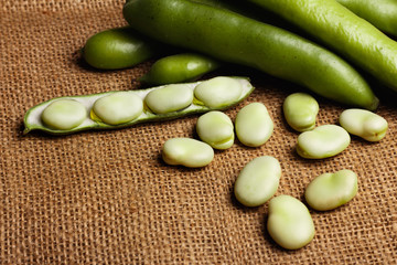 fresh broad beans on a rustic background