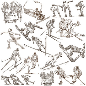 Winter Sport. An hand drawn full sized pack. Hand drawing on white. Line Art
