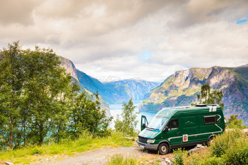 Naklejka premium Camper car in norwegian mountains
