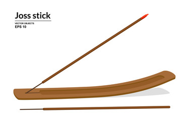Burning joss stick. Wooden incense stick holder isolated on white background. Vector illustration
