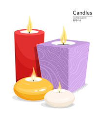 Decorative burning candles set isolated on white background. Different types and colors of handmade candles. Vector illustration