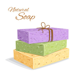 Handmade Organic Soap bar closeup. Natural soap making. Spa treatments. Vector illustration