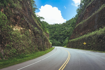 Road crossing the forest with cloudy sky and mountain view.